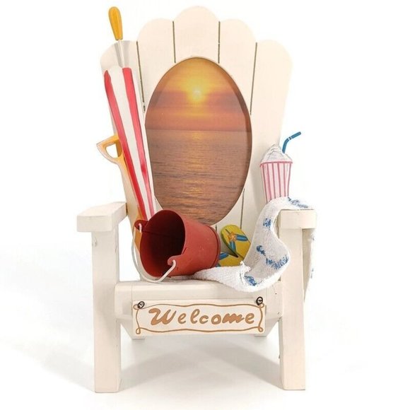 White Beach Chair 4x6 Photo Frame Palm Tree Shovel Bucket 11x7x5 Vacation Pictur - Picture 2 of 14